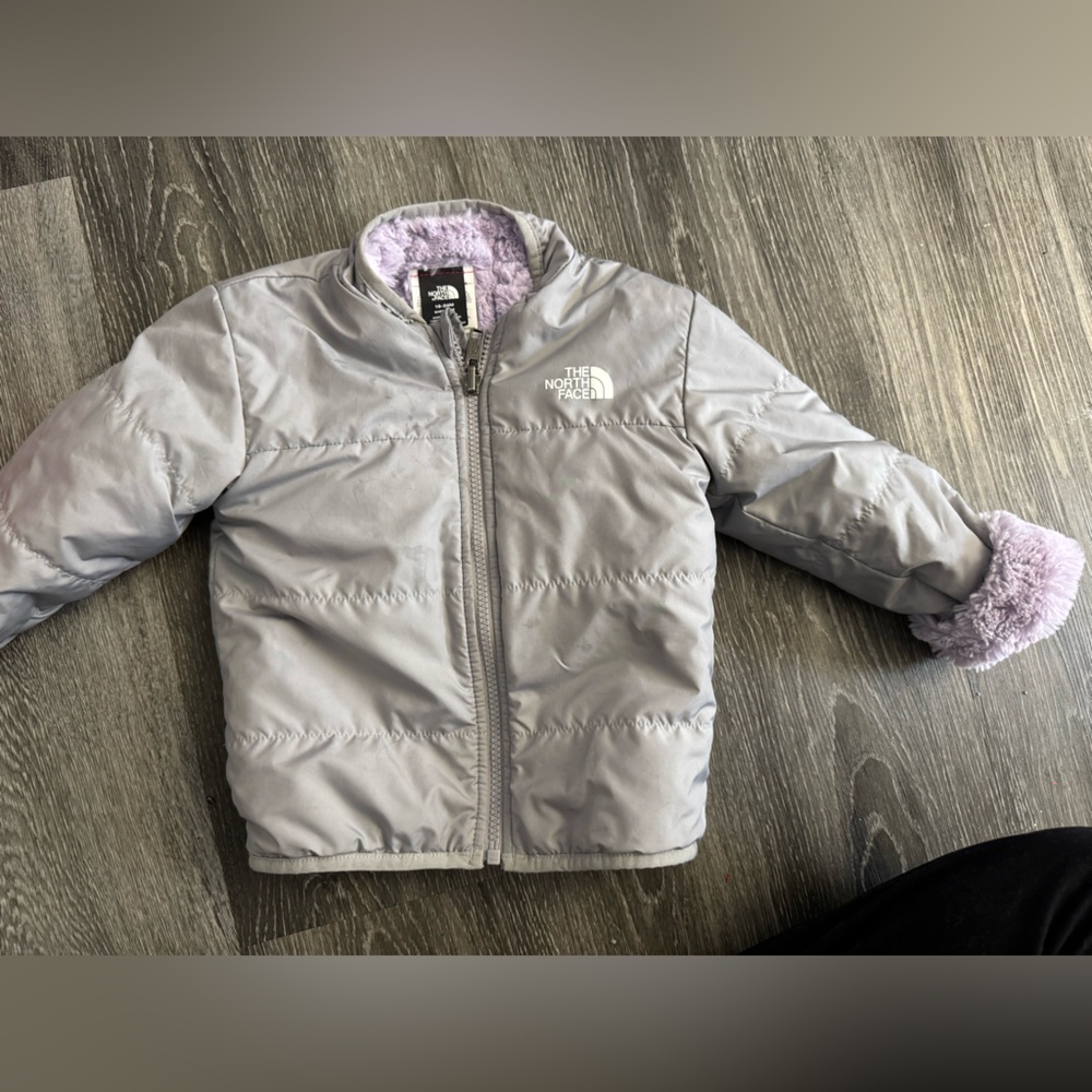 The North Face Toddler girls Light Gray Puffer Jacket with Lilac Faux-Fur
